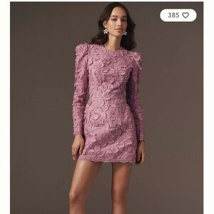 NEW HELSI Christy Scalloped Long Sleeve Pink Floral Applique Mini Dress Sz S